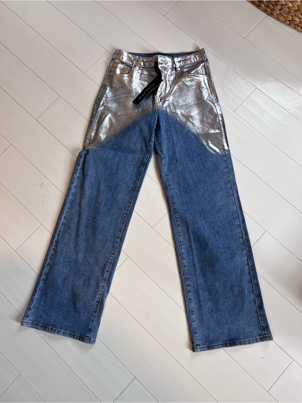 Galita Metallic Accent Straight Leg Jeans - Silver/Blue